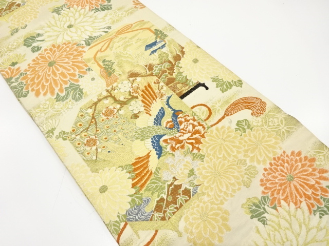 アンティーク　貝桶に孔雀・菊・牡丹模様織り出し丸帯（材料）